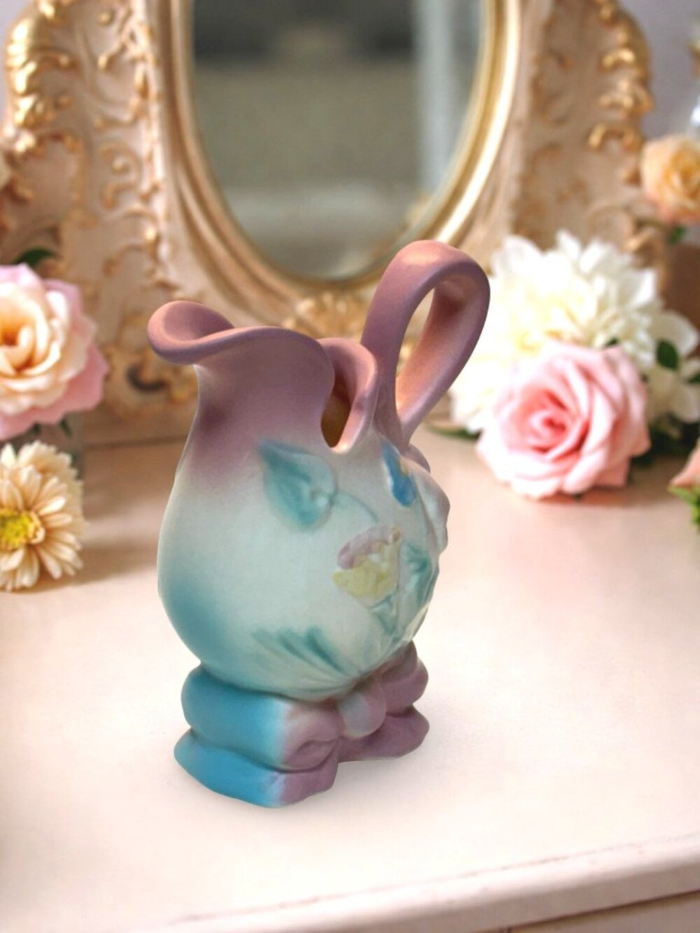 Vintage Hull Pottery Pitcher Bow Knot 1930s Blue Pink Pitcher B1 5 1/2  CottageC - Picture 6 of 6